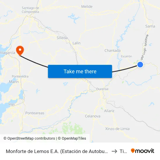 Monforte de Lemos E.A. (Estación de Autobuses) to Tivó map
