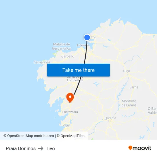 Praia Doniños to Tivó map