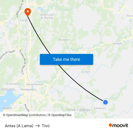 Antas (A Lama) to Tivó map