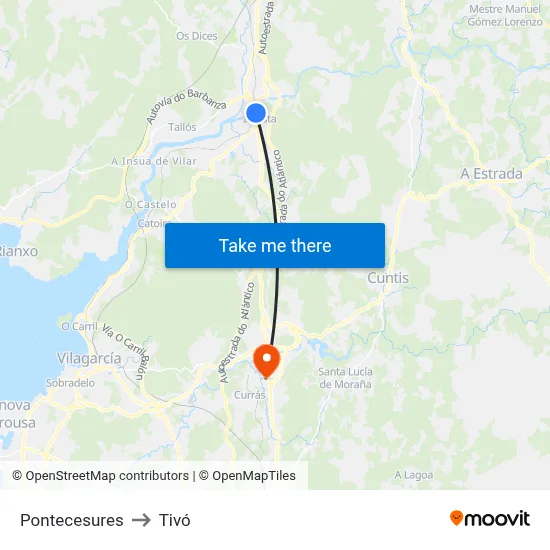 Pontecesures to Tivó map