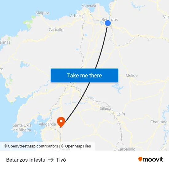 Betanzos-Infesta to Tivó map