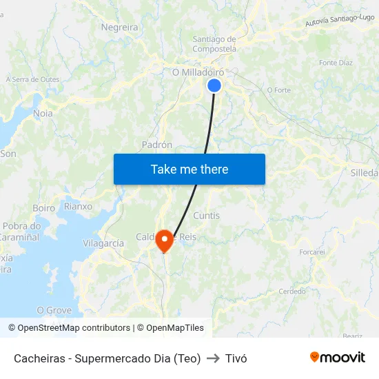 Cacheiras - Supermercado Dia (Teo) to Tivó map