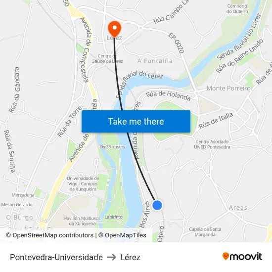 Pontevedra-Universidade to Lérez map