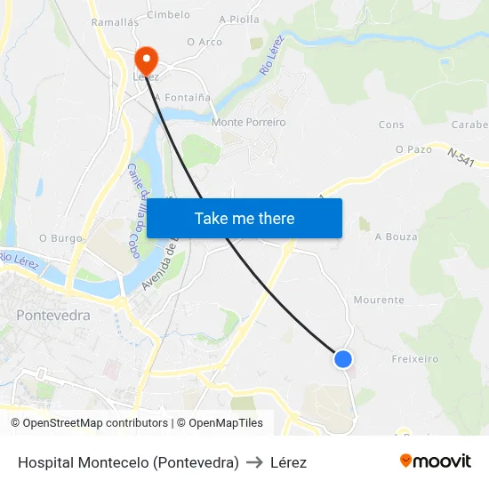 Hospital Montecelo (Pontevedra) to Lérez map