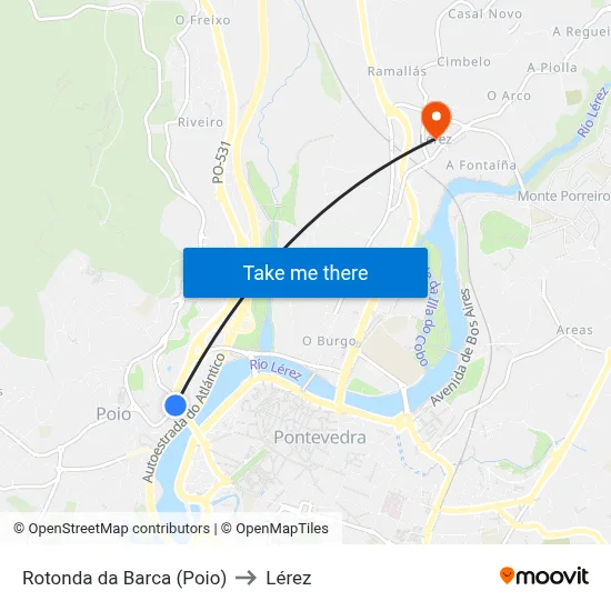 Rotonda da Barca (Poio) to Lérez map