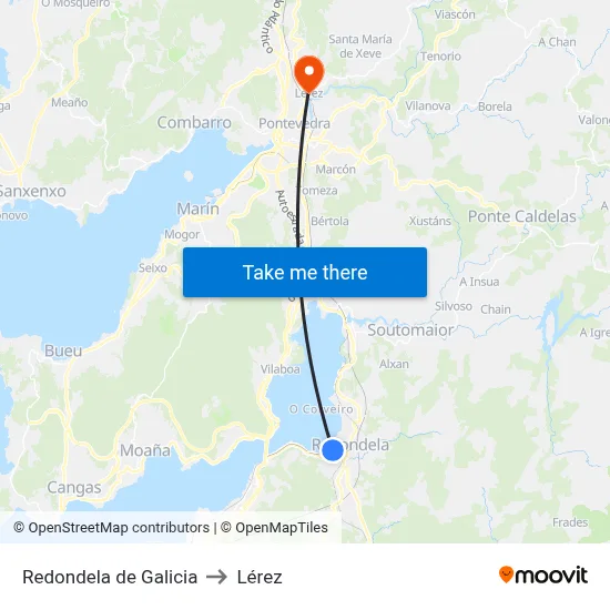 Redondela de Galicia to Lérez map