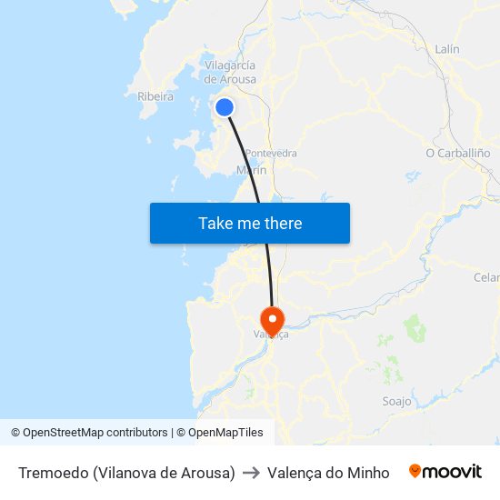 Tremoedo (Vilanova de Arousa) to Valença do Minho map