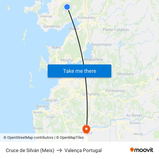 Cruce de Silván (Meis) to Valença Portugal map