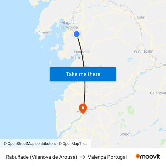 Rabuñade (Vilanova de Arousa) to Valença Portugal map