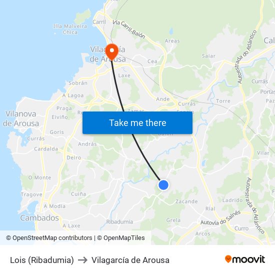 Lois (Ribadumia) to Vilagarcía de Arousa map