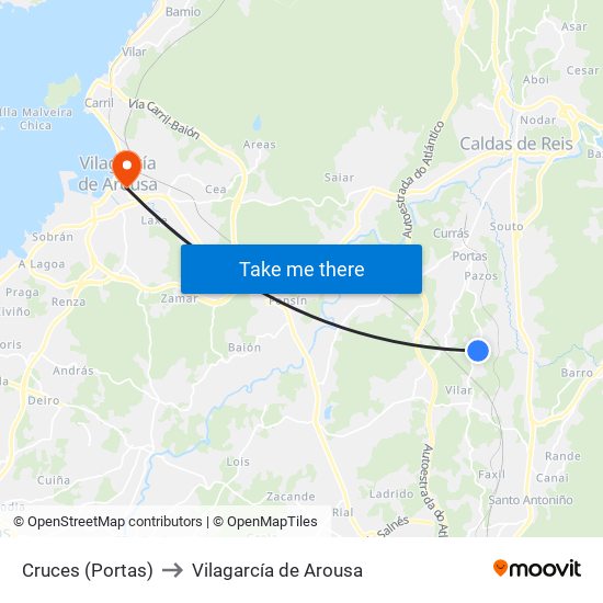 Cruces (Portas) to Vilagarcía de Arousa map