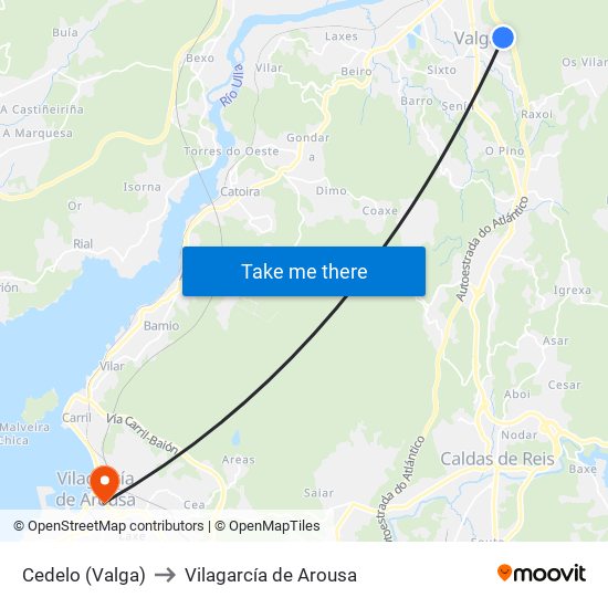 Cedelo (Valga) to Vilagarcía de Arousa map