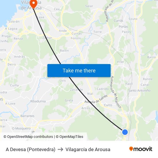 A Devesa (Pontevedra) to Vilagarcía de Arousa map