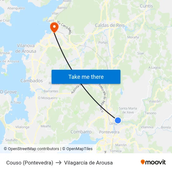 Couso (Pontevedra) to Vilagarcía de Arousa map
