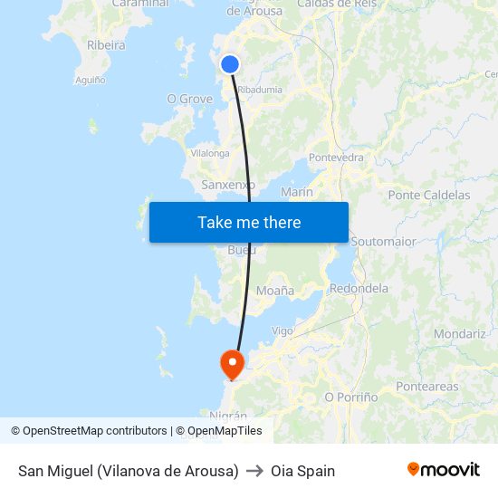 San Miguel (Vilanova de Arousa) to Oia Spain map