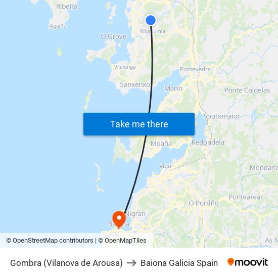 Gombra (Vilanova de Arousa) to Baiona Galicia Spain map