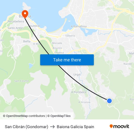 San Cibrán (Gondomar) to Baiona Galicia Spain map