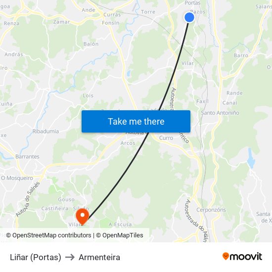 Liñar (Portas) to Armenteira map