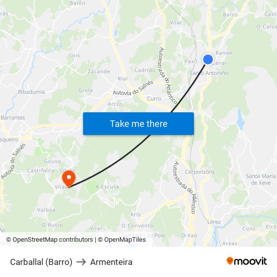 Carballal (Barro) to Armenteira map