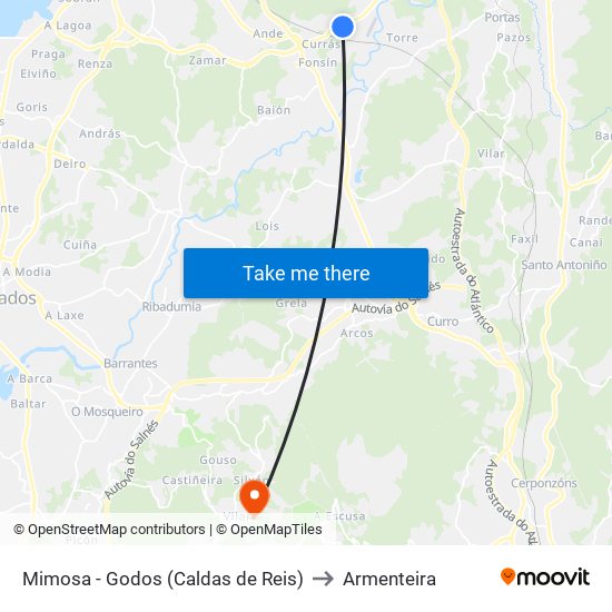 Mimosa - Godos (Caldas de Reis) to Armenteira map