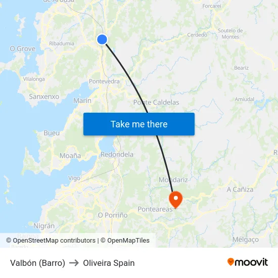 Valbón (Barro) to Oliveira Spain map