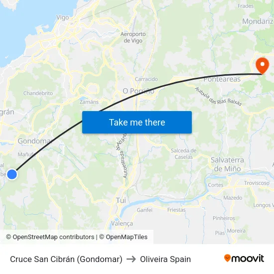 Cruce San Cibrán (Gondomar) to Oliveira Spain map