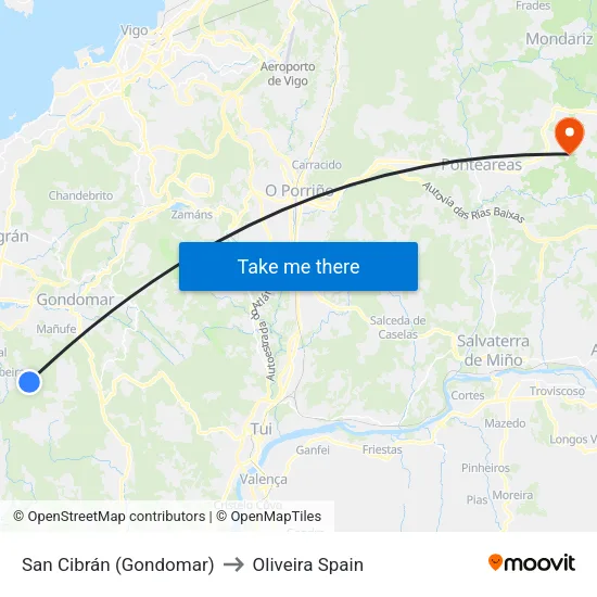 San Cibrán (Gondomar) to Oliveira Spain map