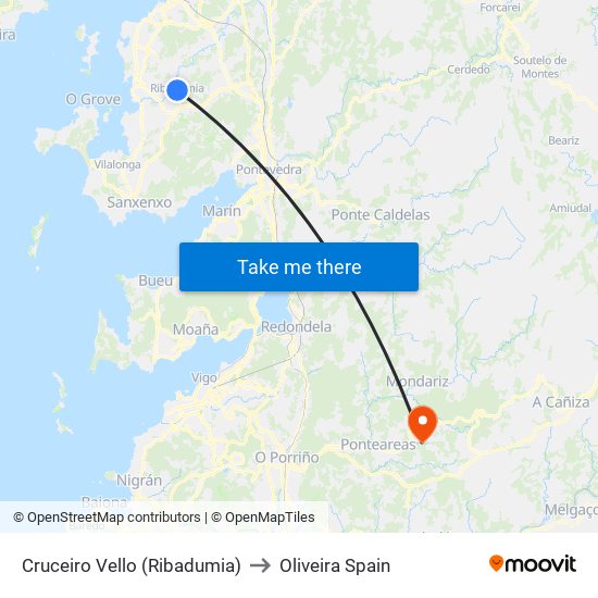 Cruceiro Vello (Ribadumia) to Oliveira Spain map