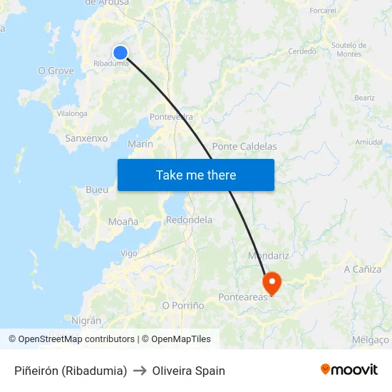 Piñeirón (Ribadumia) to Oliveira Spain map