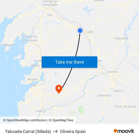 Taboada-Carral (Silleda) to Oliveira Spain map