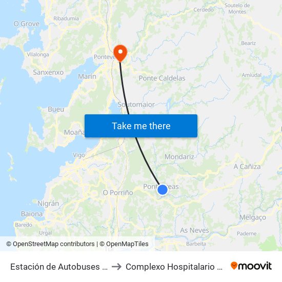 Estación de Autobuses (Ponteareas) to Complexo Hospitalario de Pontevedra map