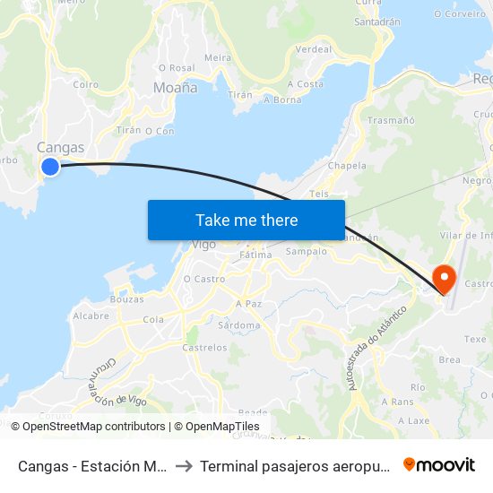 Cangas - Estación Marítima to Terminal pasajeros aeropuerto Vigo map