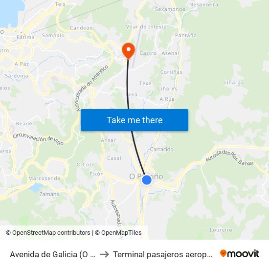 Avenida de Galicia (O Porriño) to Terminal pasajeros aeropuerto Vigo map