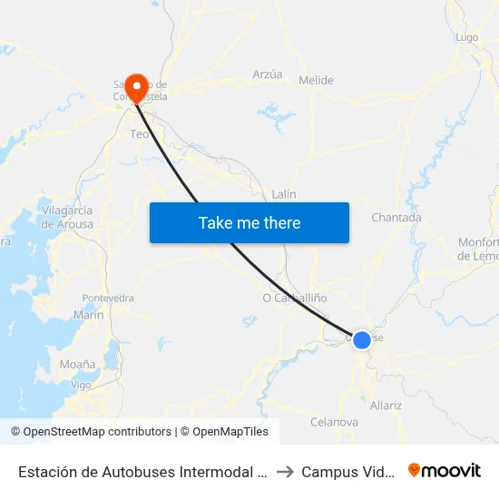 Ourense E.I. (Estación Intermodal) to Campus Vida Usc map