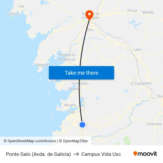 Ponte Galo (Avda. de Galicia) to Campus Vida Usc map