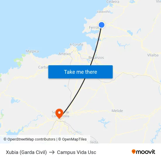 Xubia (Garda Civil) to Campus Vida Usc map