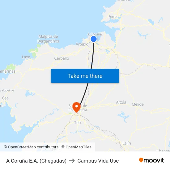 A Coruña E.A. (Chegadas) to Campus Vida Usc map