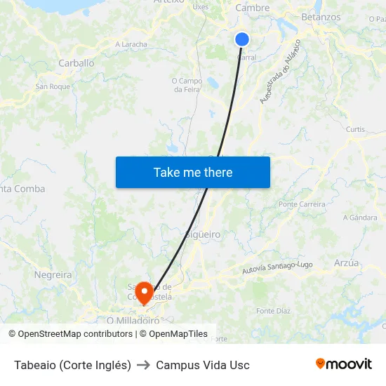 Tabeaio (Corte Inglés) to Campus Vida Usc map