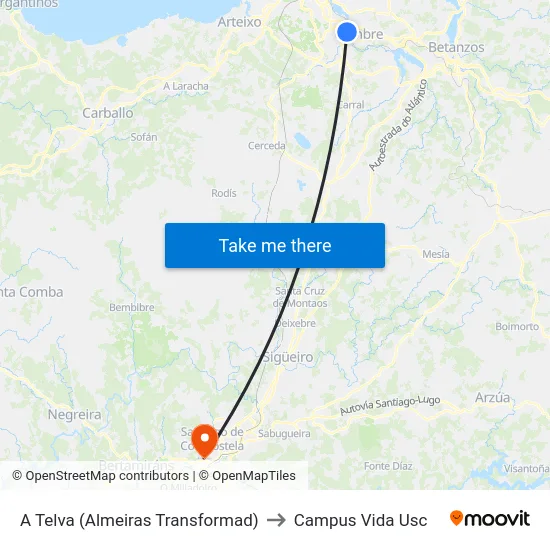 A Telva (Almeiras Transformad) to Campus Vida Usc map