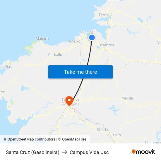 Santa Cruz (Gasolineira) to Campus Vida Usc map