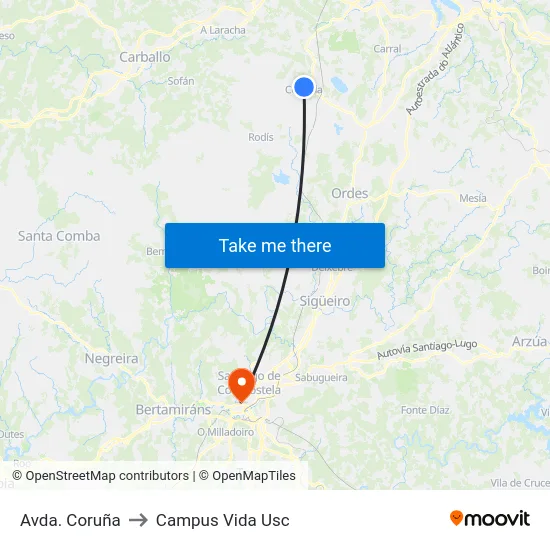 Avda. Coruña to Campus Vida Usc map