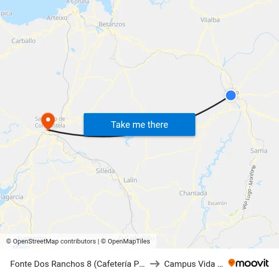 Fonte Dos Ranchos 8 (Cafetería Prados) to Campus Vida Usc map
