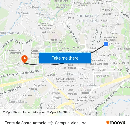 Fonte de Santo Antonio to Campus Vida Usc map