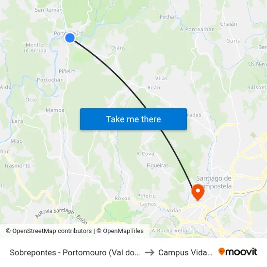 Sobrepontes - Portomouro (Val do Dubra) to Campus Vida Usc map