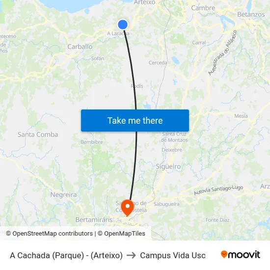 A Cachada (Parque) - (Arteixo) to Campus Vida Usc map