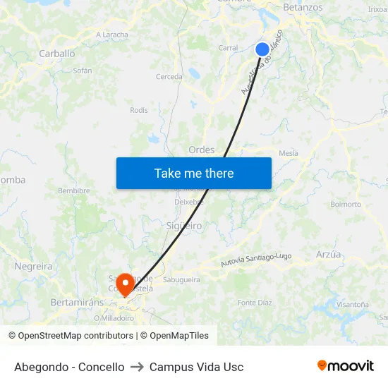 Abegondo - Concello to Campus Vida Usc map
