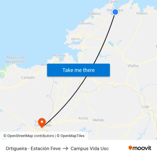 Ortigueira - Estación Feve to Campus Vida Usc map