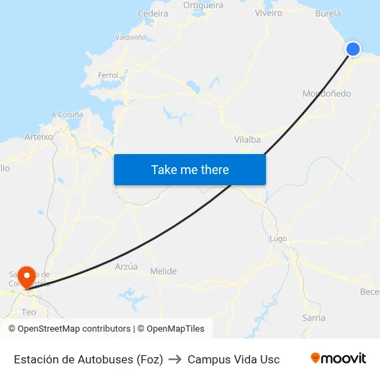Estación de Autobuses (Foz) to Campus Vida Usc map