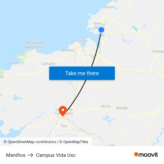 Maniños to Campus Vida Usc map