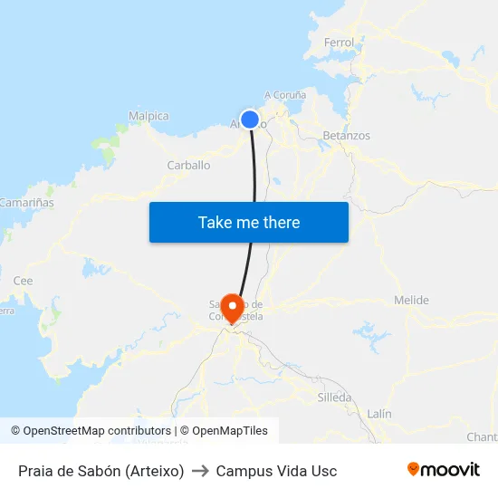 Praia de Sabón (Arteixo) to Campus Vida Usc map